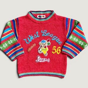 VTG Pankaj Kids 3T / 4T Sweater Red Teddy Bear Rainbow Striped Novelty Knit 90s